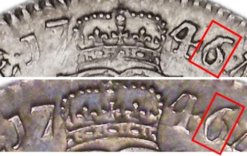 1746 over 5 Lima Halfcrown date close-up showing 6 over 5